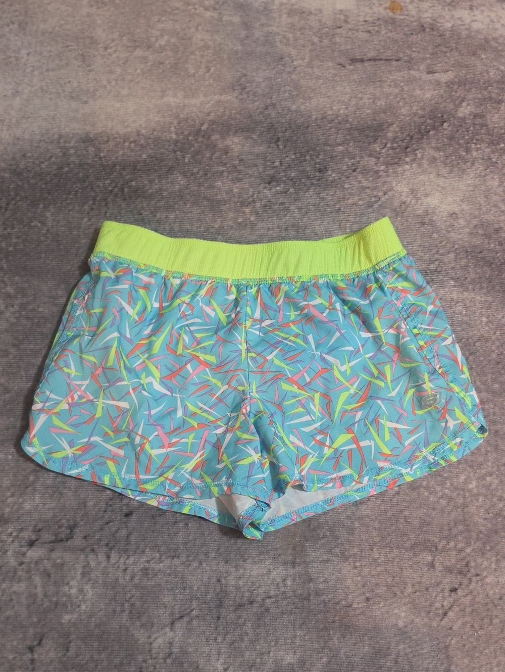 Aqua Patterned Athletic Shorts with Neon Lime Waistband